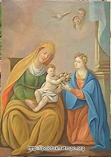 Икона "Богородица с младенцем и святой Доротеей" ХVIIIв. Холст, масло. 95,5 х 67. <br><br>Поступила из деревни Лужки Шарковщинского района в 1972 г.